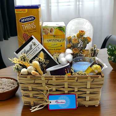 Cozy Treats and Personalized Gifts Basket, McVities Thins, Ginger Lemon Tea, Lindt Chocolate, Personalized Mug, Wooden Basket